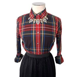 New J. CREW Slim Stretch Cotton Blend Button Shirt Black Plaid Stewart Tartan 4